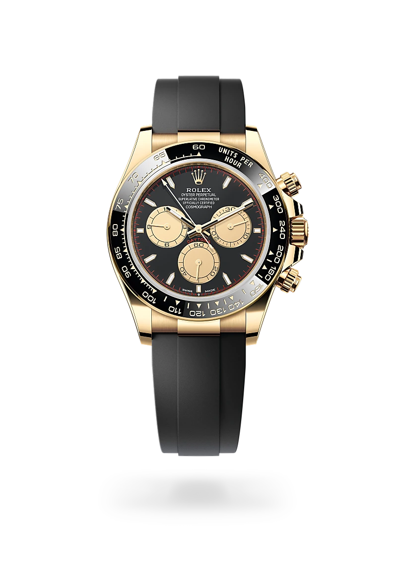 Las versiones en oro de 18 quilates del Cosmograph Daytona con un bisel Cerachrom están disponibles con un brazalete Oysterflex. Desarrollado por Rolex y patentado, combina de un modo único la robustez de un brazalete metálico con la comodidad de una correa de elastómero. Está formado por dos láminas metálicas combadas y flexibles ―una en cada uno de los ramales― revestidas de elastómero negro de alto rendimiento. Para un confort óptimo, el brazalete Oysterflex está equipado con cojines en el lado interno y un cierre de seguridad Oysterlock que previene cualquier apertura involuntaria. Se puede ajustar su longitud mediante el ingenioso sistema de extensión Rolex Glidelock.